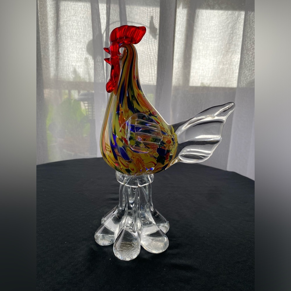 Art Glass  Rooster Figurine Vintage Multicolor Yellow Blue Red 9.5”